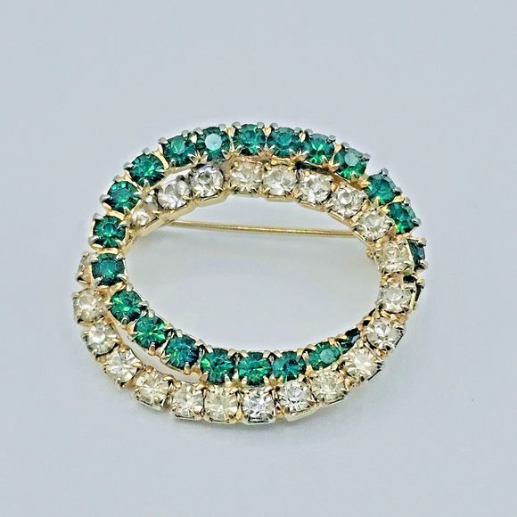 Emerald Green Brooch Vintage Open Double Oval Crystal May Statement Jewelry Pin - Picture 9 of 10